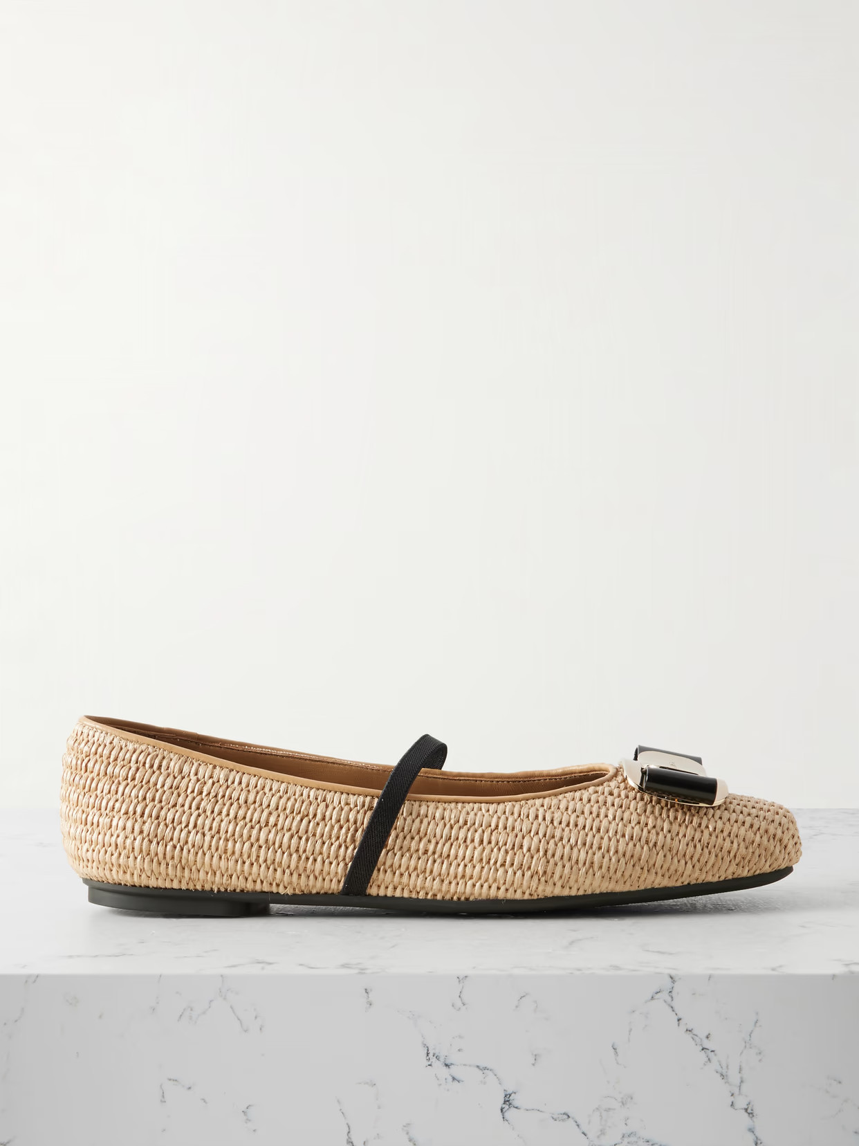 Ferragamo - New Vara Embellished Raffia Flats - Neutrals | NET-A-PORTER (US)