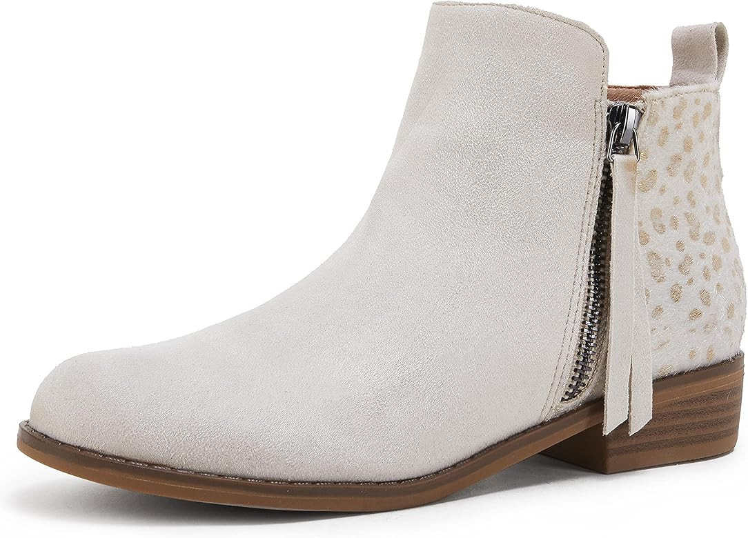 Mafulus Womens Ankle Boots Round Toe Faux Leather Stacked Low Heel Side Zipper Winter Booties | Amazon (US)