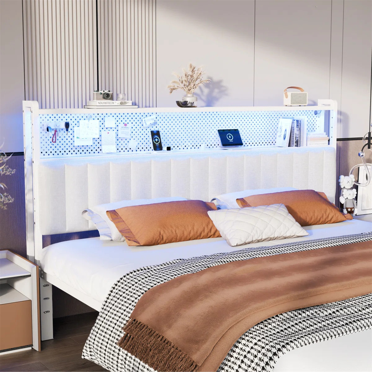 King Size Headboard, Adjustable Upholstered Headboard With 2 Tier Shelves And Pegboard With Charg... | Wayfair North America