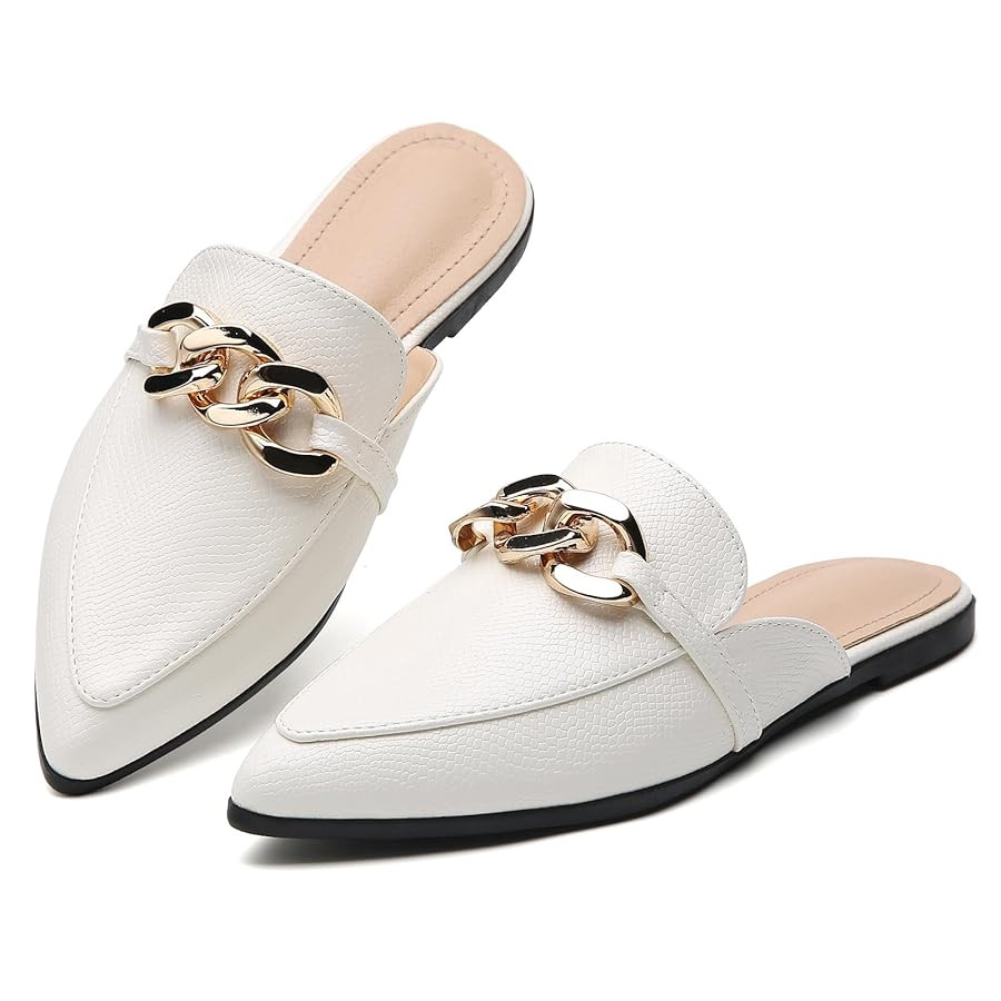 Metal Chain Decor Flat Mules for Women Closed Pointed Toe Slip on Loafers Slides Backless Mules S... | Amazon (US)