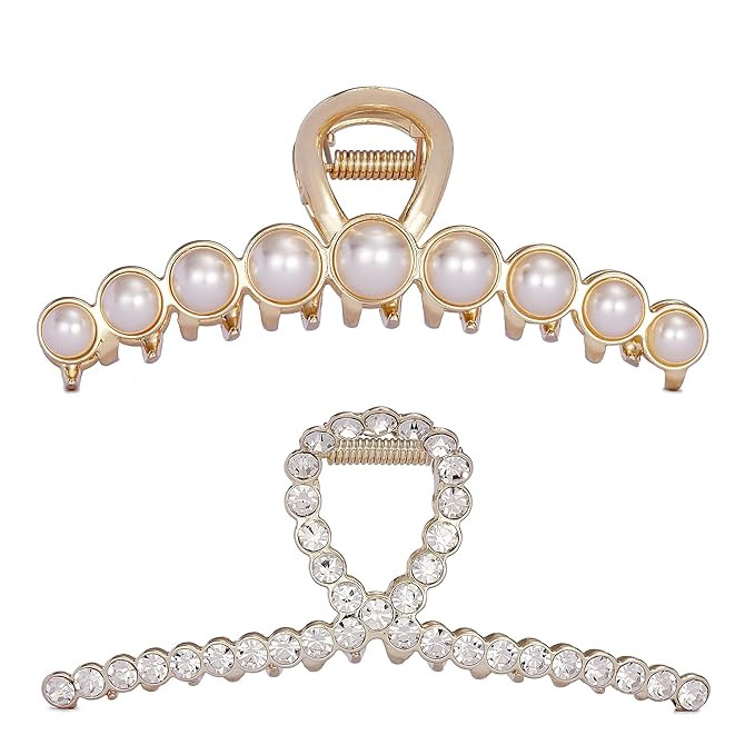 Rhinestone Hair Claw Clips, 4.4 Inch Vintage Metal Imitation Pearl Hair Jaw Clip for Women, Non S... | Amazon (US)