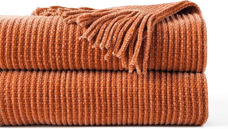 BATTILO HOME Rust Orange Throw Blanket for Couch, Soft Chenille Knit Throws with Tassels for Home... | Amazon (US)