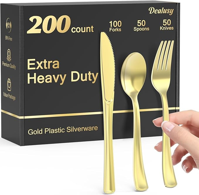 200 Count Heavy Duty Gold Plastic Silverware, 100 Forks, 50 Spoons, 50 Knives, BPA-Free, Heat Res... | Amazon (US)