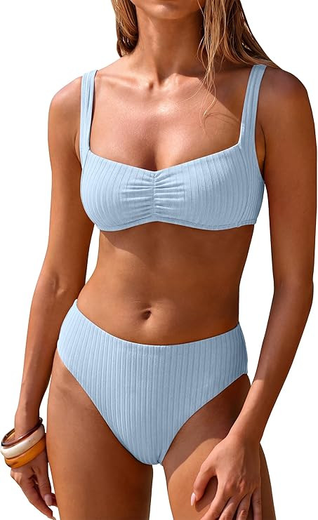 ANRABESS Womens Bikini Sets Two Piece Swimsuit Ribbed Front Ruched Mid Waisted Bathing Suit Color... | Amazon (US)