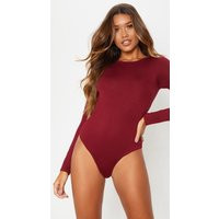 Basic Burgundy Crew Neck Long Sleeve Bodysuit | PrettyLittleThing US