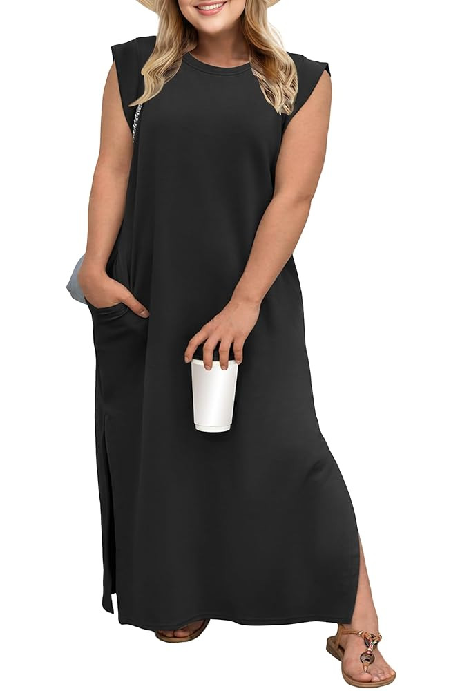OLRIK 2025 Summer Women's Plus Size Maxi Dresses for Curvy Women Casual Split Long Dress with Poc... | Amazon (US)