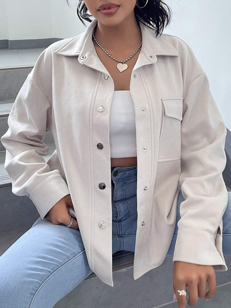 Flap Pocket Drop Shoulder Suedette Coat | SHEIN