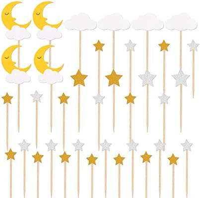 TAJIAA 36PCS Glitter Star Moon and Clouds Cupcake Toppers Picks for Birthday Party Baby Shower We... | Amazon (US)