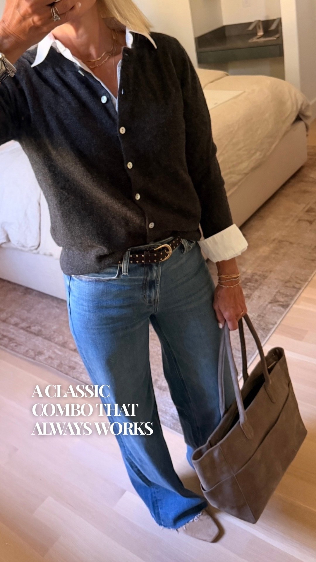 A classic combination for a reason. I layered a crisp white Oxford shirt under this Mongolian cashmere cardigan sweater, then added relaxed denim, a great belt, and neutral accessories. Simple, timeless pieces that make getting dressed feel easy.

#LTKootd #LTKgrwm #LTKOver40