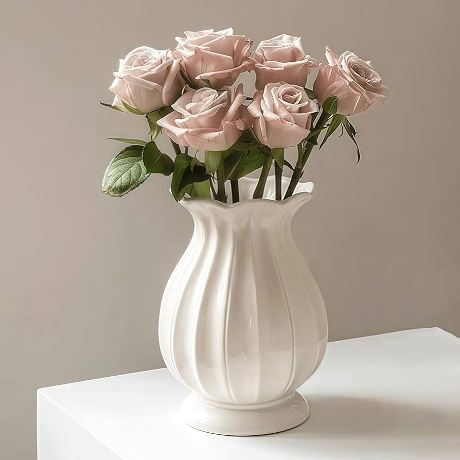 White Vase, Modern Ceramic Flower Vase for Home Décor, Wavy Edge Ribbed Design Pedestal Vases, M... | Amazon (US)
