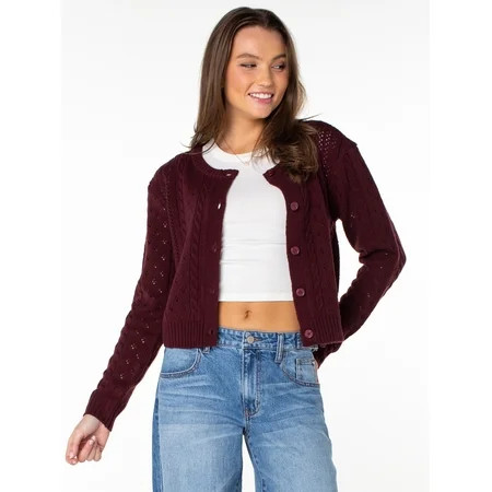 Celebrity Pink Women's Pointelle Crew Neck Cardigan Sweater, Sizes XS-XXXL | Walmart (US)