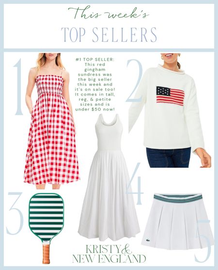 Top Sellers of the Week #1 Red Gingham Dress on sale #2 Ivory Flag Sweater #3 Green & White Striped Pickleball Paddle #4 White Tank Pleated Skirt Dress #5 Lacoste Tennis Skirt on salee

#LTKSaleAlert #LTKFindsUnder100 #LTKOver40