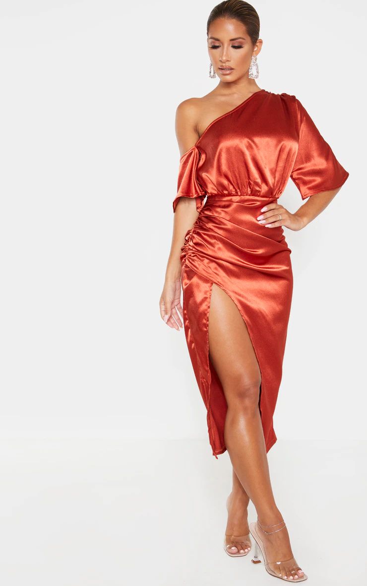 Rust Satin One Shoulder Ruched Skirt Midi Dress | PrettyLittleThing US