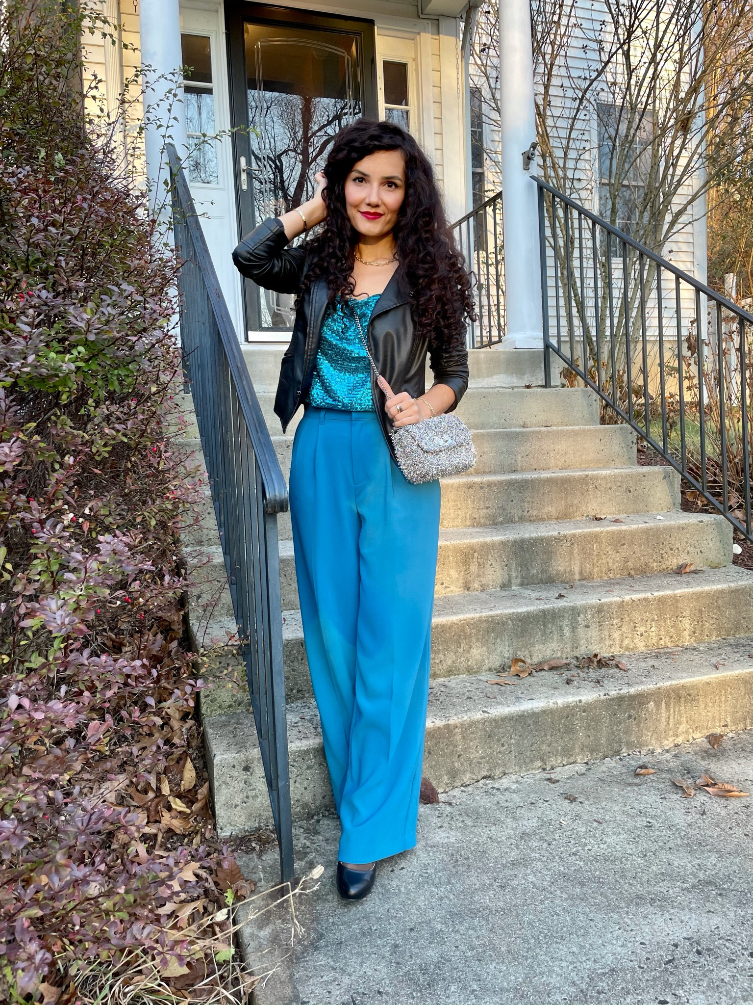 Teal high waist pants and sequin top! True to size. 
Size S
This outfit is perfect for holiday season! Can be worn so many different ways. The teal pants are so in style now

#LTKsalealert #LTKHoliday #LTKunder50