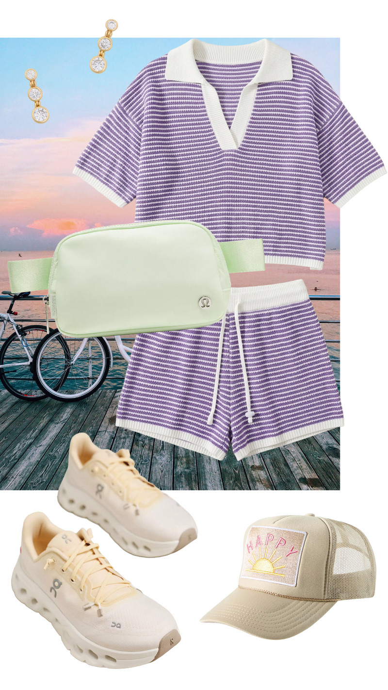 This purple striped knit set is such a cute and sporty choice for a sunset boardwalk ride. I love how the mint green belt bag and "Happy" trucker hat add a fun, casual energy to the look. 

 #LTKgrwm #LTKootd #LTKSeasonal