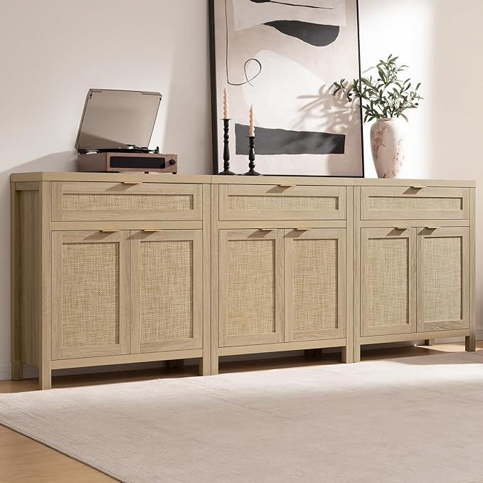 SICOTAS Sideboard Buffet Storage Cabinet Set of 3, Rattan Credenza Buffet Table, Boho Console Acc... | Amazon (US)