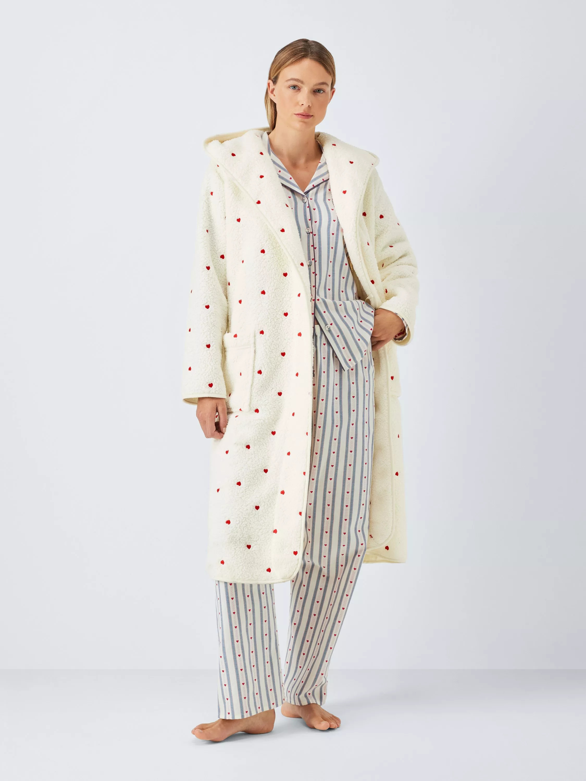 John Lewis Embroidered Heart Borg Dressing Gown, Ivory/Red | John Lewis (UK)