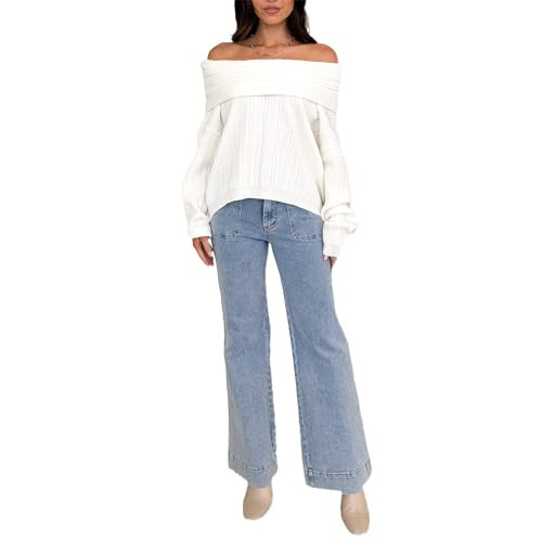 NUFIWI Women Off The Shoulder Sweaters Solid Color Ribbed Knitted Oversized Pullover Fall Loose Fit Lightweight Knit Jumper (White, M) | Amazon (US)
