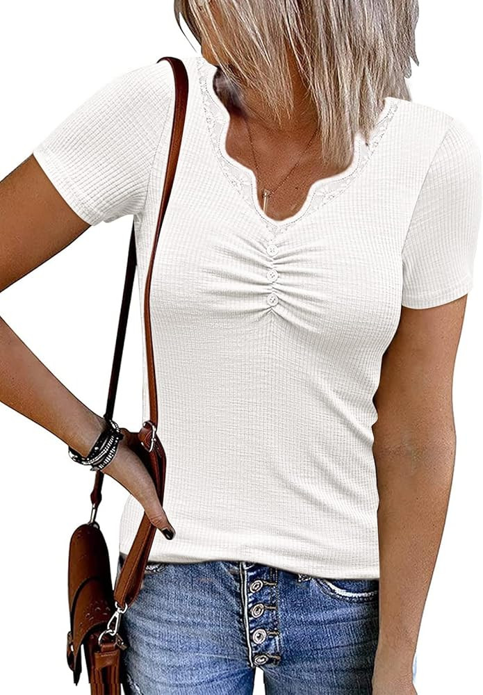 Women's 2024 Short Sleeve Ribbed Knit Tops Ruched V Neck Henley Shirts Button Up Lace Trim Blouse... | Amazon (US)
