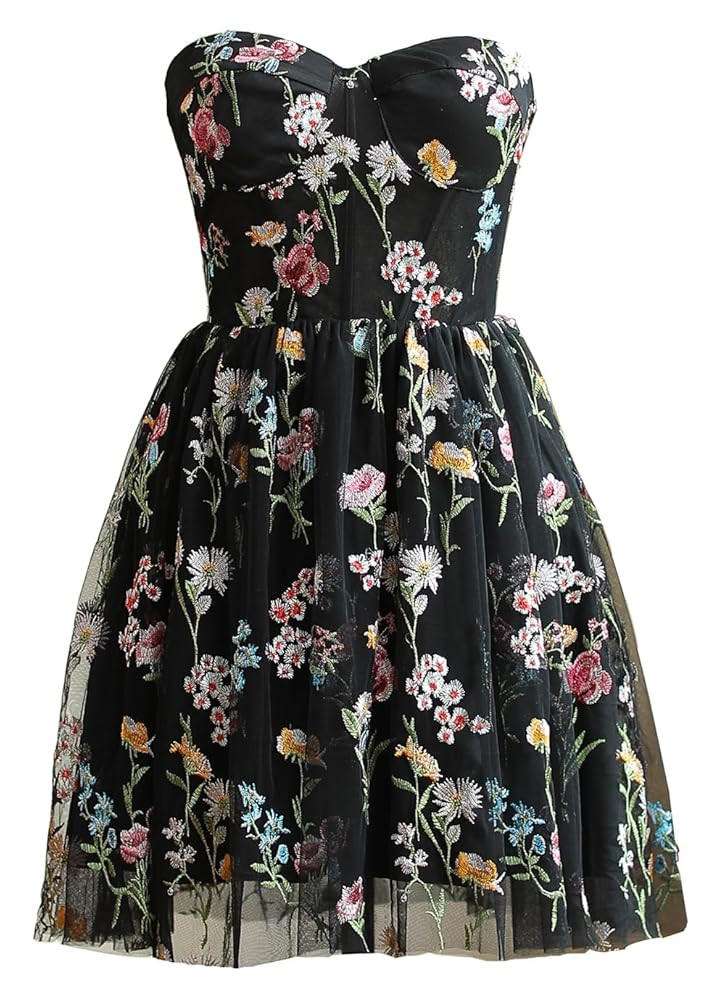 Floral Embroidery Tulle Homecoming Dresses for Teens 2025 Strapless Lace Prom Dress Short Puffy A... | Amazon (US)