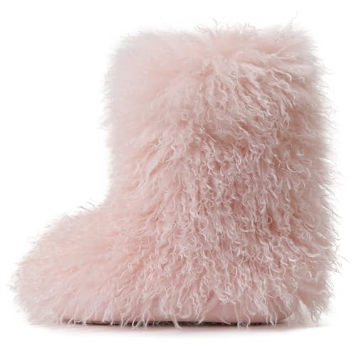 Kalstage Womens Faux Furry Boots Mid Calf Winter Platform Boots Cozy Mongolian Fur Slip-On Flat Snow Booties Warm Home Outdoor | Amazon (US)