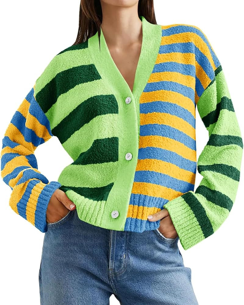 CORIRESHA Women's Colorful Striped Cardigan Sweaters V Neck Button Down Fuzzy Loose Knit Coats | Amazon (US)