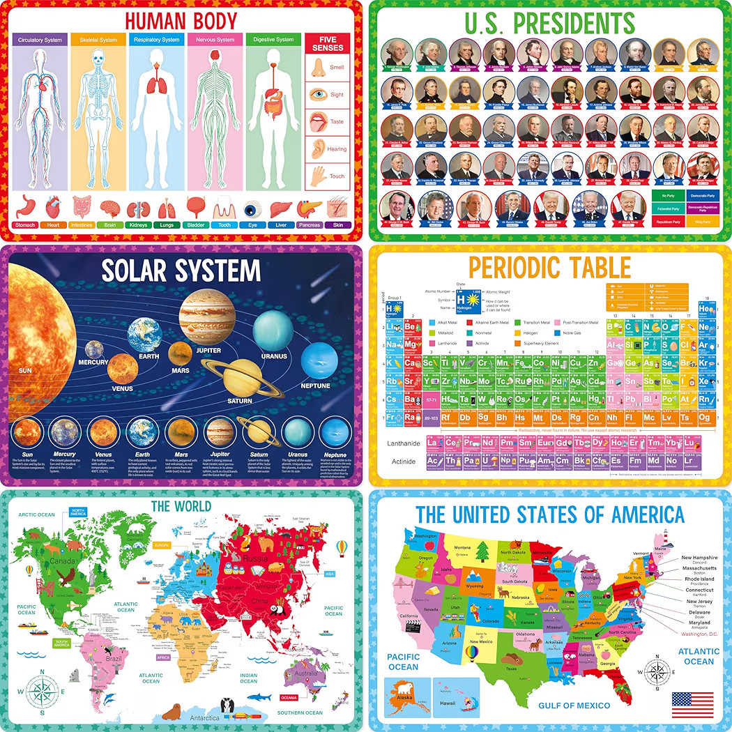 6 Pack Placemats for Kids, Non-Slip Washable, Reusable Universe, Periodic Table, US President, Hu... | Amazon (US)