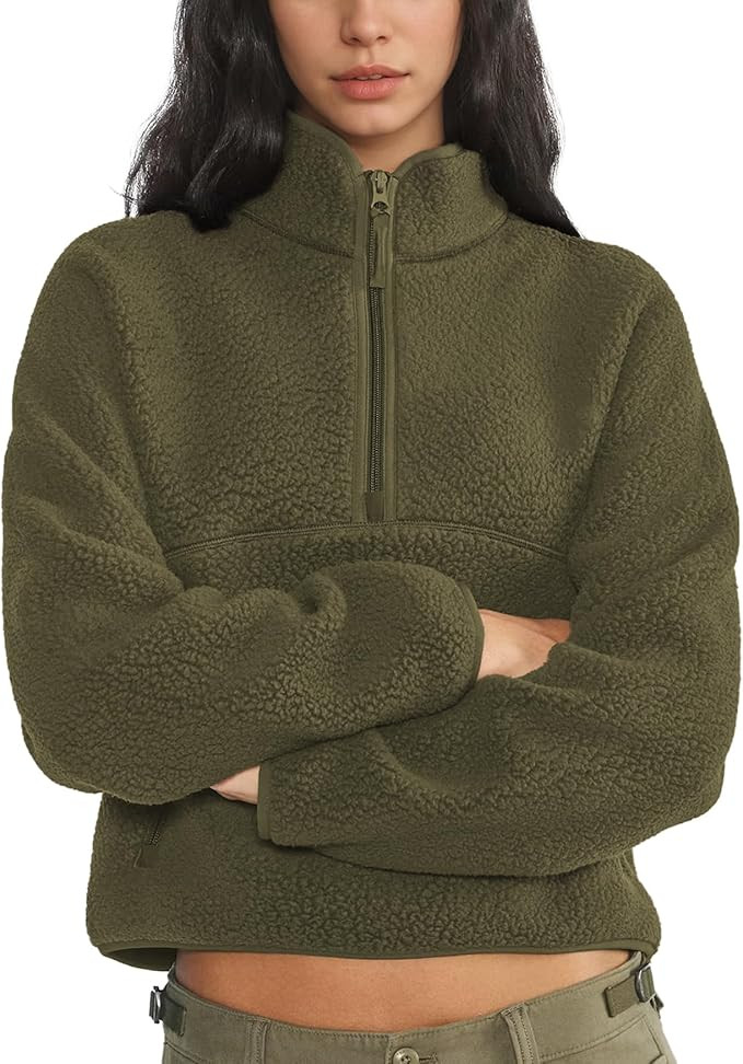 Womens Fleece Sweatshirts Cropped Half Zip Fuzzy Warm Sherpa Pullover Varsity Jackets with Zipper... | Amazon (US)