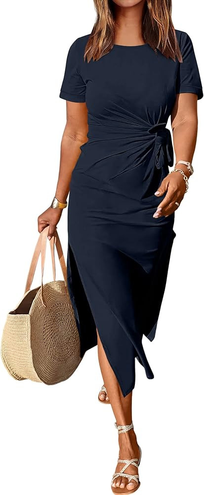 ANRABESS Women’s 2024 Summer Short Sleeve Crewneck T Shirt Maxi Dress Tie Waist Casual Slim Fit... | Amazon (US)