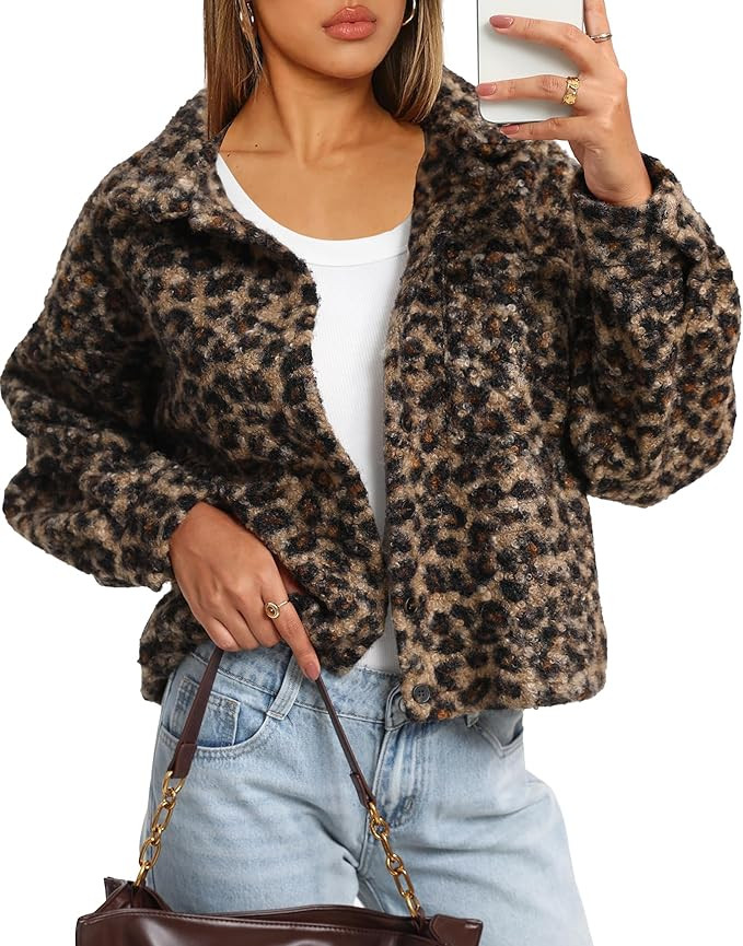 Darong Women's Cropped Fuzzy Fleece Jacket Button Down Plaid Leopard Jackets 2025 Fall Winter Sof... | Amazon (US)
