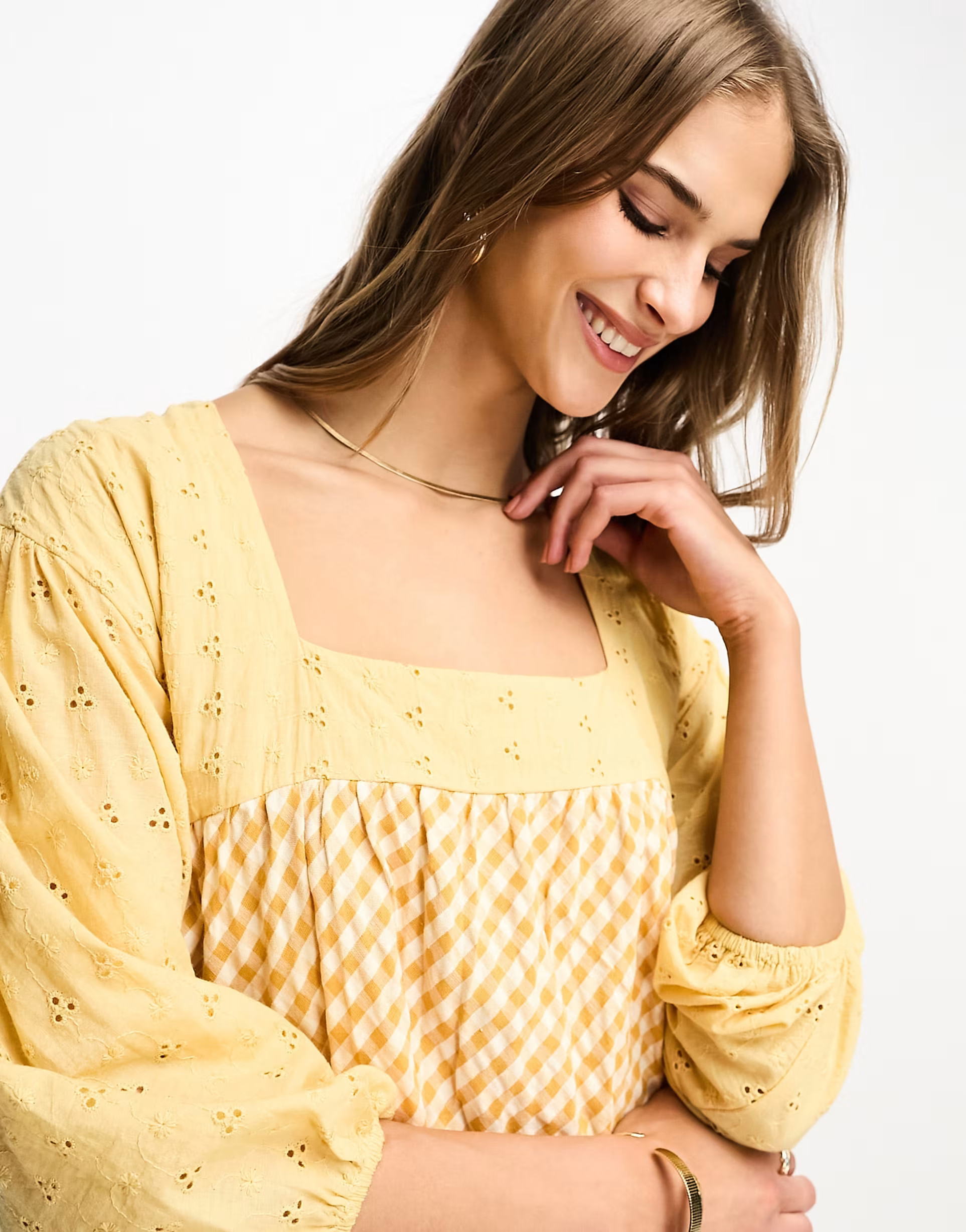 ASOS DESIGN broderie gingham mix midi dress in yellow | ASOS (Global)