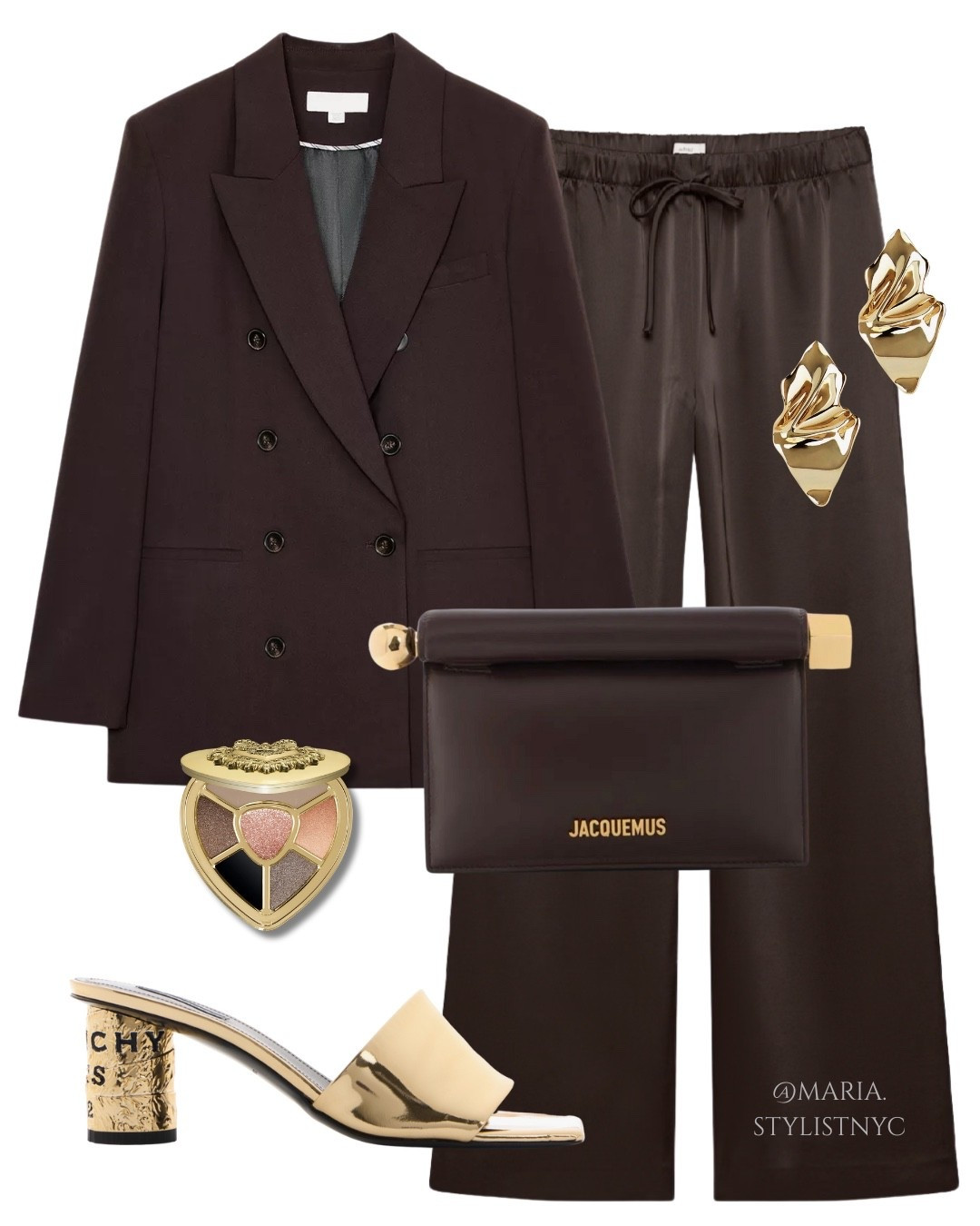 When wearing a single color from head to toe, the secret is in the 'clash' of fabrics. The matte of the blazer against the gloss of the silk trousers creates depth, while the gold hardware provides the necessary visual break to keep the look expensive and curated 🤎💫✨

#LTKHoliday #LTKSeasonal #LTKootd