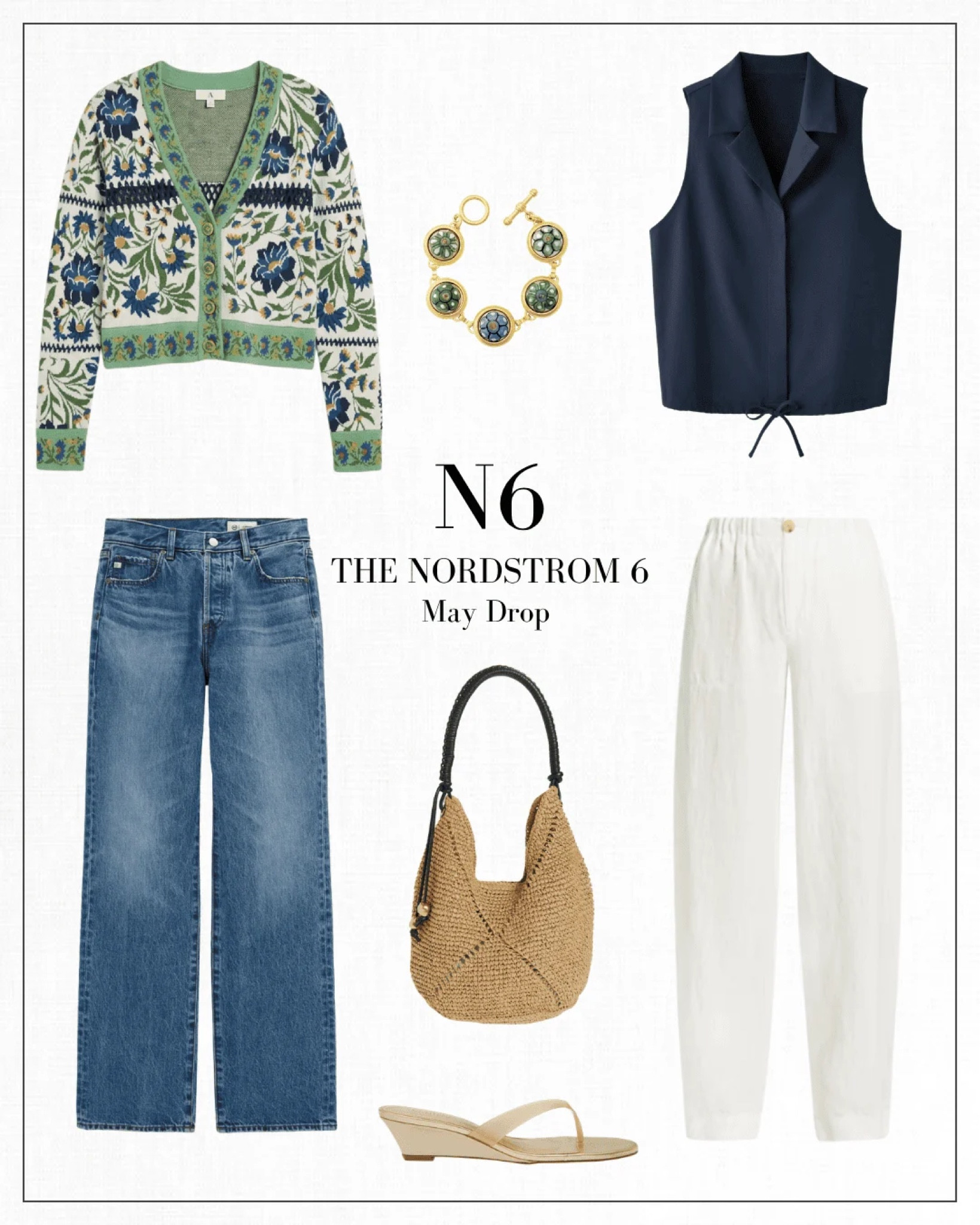 Welcome to the May 2026 Nordstrom Drop! Every month, my Nordstrom Stylist friends and I carefully select six favorite, best-selling items we genuinely love … and think you should probably buy now 😉 

This month, we’ve chosen pieces that feel fresh but easy to wear all season long. Think a pretty Farm Rio cardigan, soft white pants, a raffia bag that goes with absolutely everything, and sandals you’ll live in all summer. We also found the most flattering  jeans, and a navy tie-front blouse that’s perfect for warm weather dressing.

#LTKSeasonal #LTKOver40