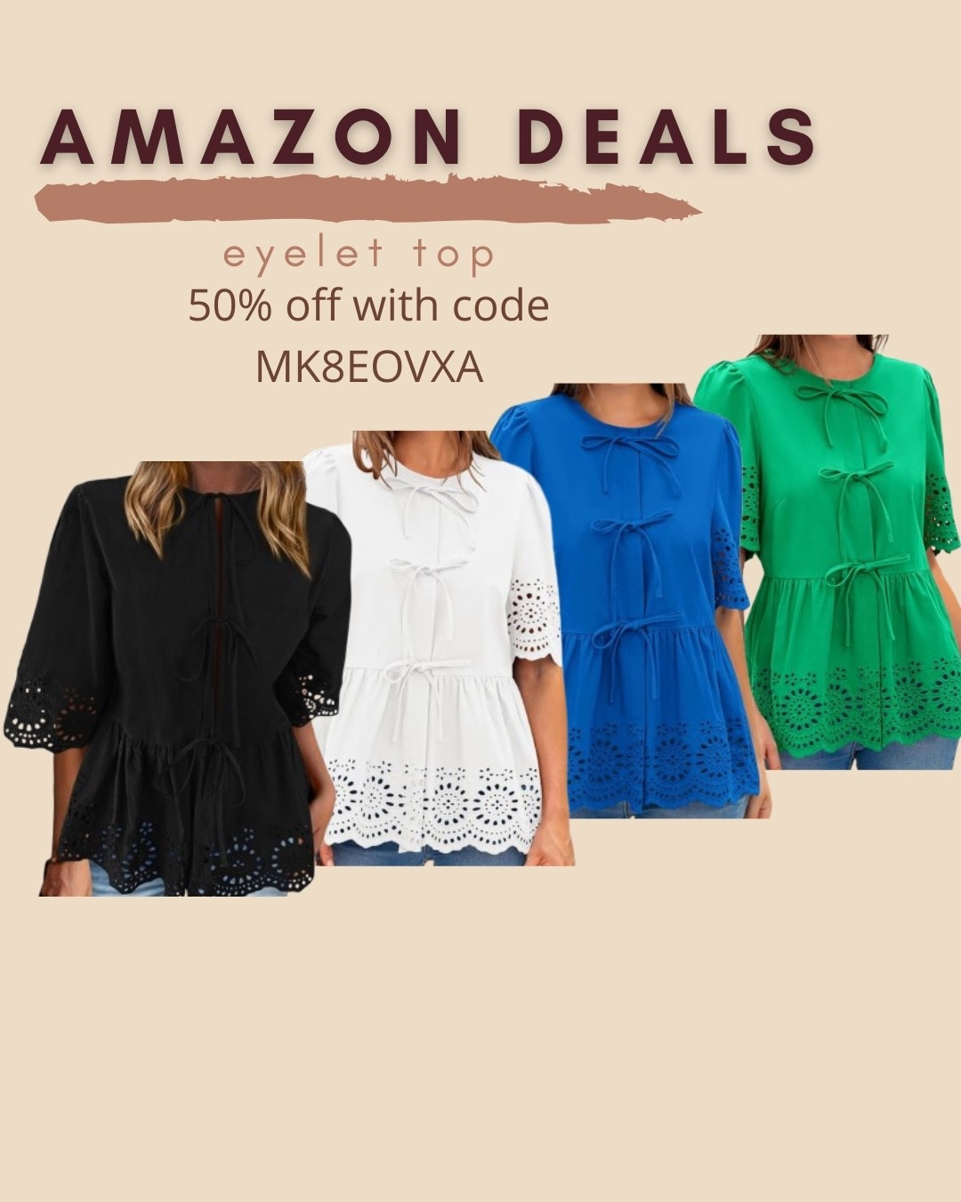 $12 ends 5/19
Amazon fashion
Amazon deals
Eyelet top
Tie front top

#LTKSaleAlert