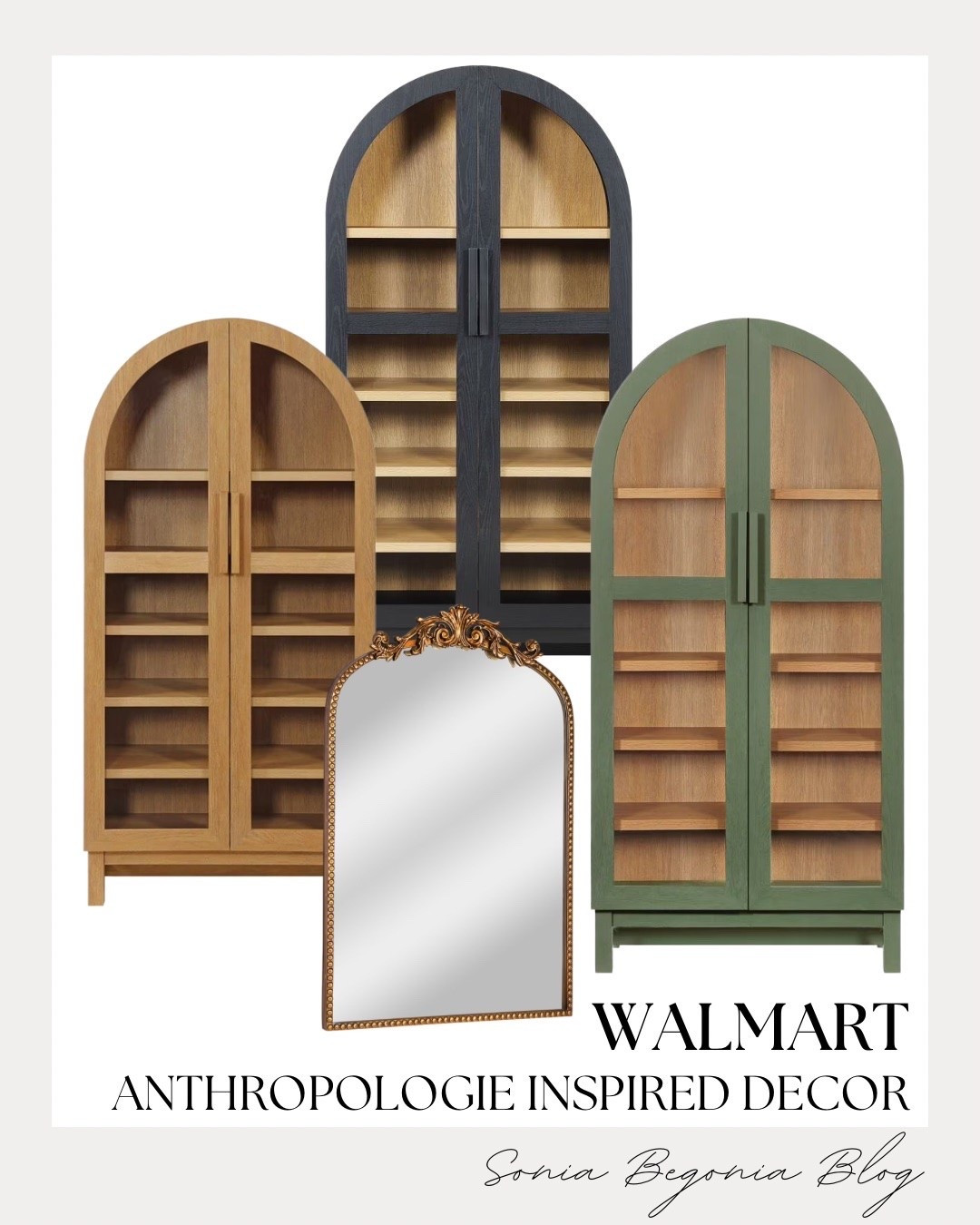 The most gorgeous Anthropologie inspired home decor finds from Walmart! I am completely obsessed with these stunning arched cabinet bookshelves, perfect for adding a touch of elegance and organization to your living space. 🪵✨

I paired them with a classic ornate gold floor mirror to elevate any room instantly. 🏡🤍

#walmartfinds #walmarthome #anthropologiedupe #homedecor #neutralhome #interiordesign #budgetdecor #homeorganization #LTKhome

#LTKHome