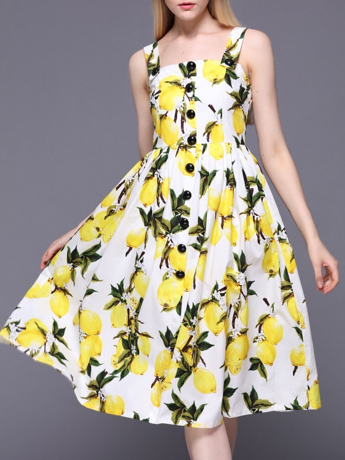 White Strap Lemons Print Pockets A-Line Dress | Romwe