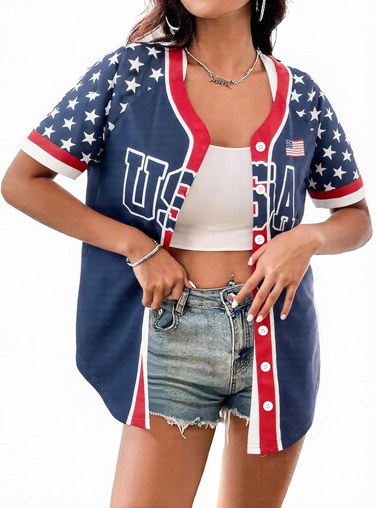 JINTING Womens 250th Anniversary USA Jerseys - 4th of July Button Down American Flag and Star Pat... | Amazon (US)