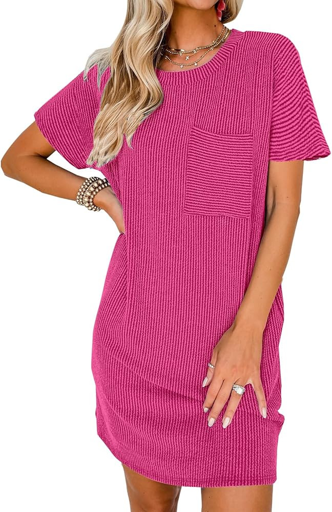 LOLONG Womens Summer Casual T Shirt Dress Loose Short Sleeve Crew Neck Ribbed Dresses | Amazon (US)