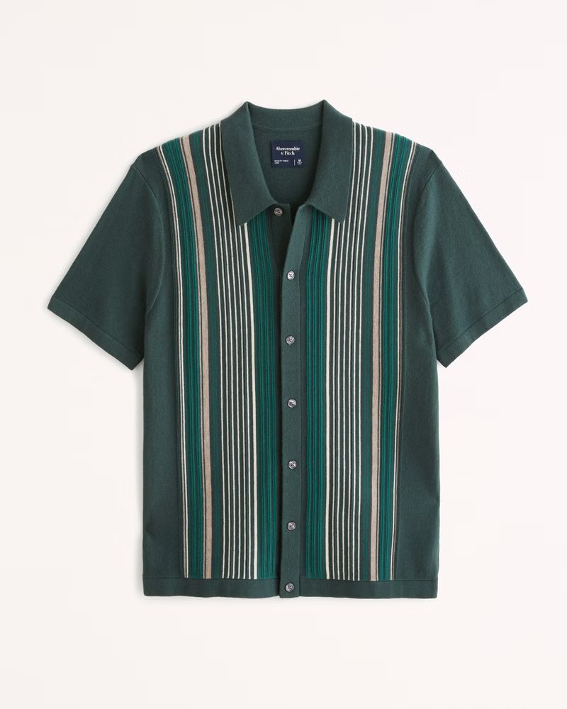 Abercrombie & Fitch Men's Striped Button-Through Sweater Polo in Green Stripe - Size XXL | Abercrombie & Fitch (US)