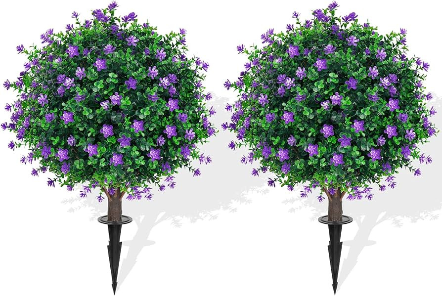 Yangrass Artificial Purple Flower Topiary Ball Trees with Ground Spike, Set of 2 UV Resistant Art... | Amazon (US)
