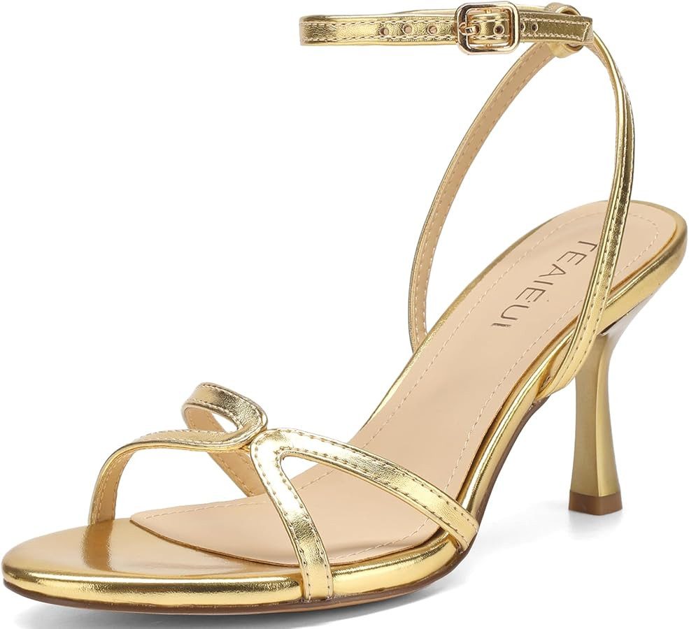 TEAIEUI Women's Strappy Stiletto Sandals 3 Inch High Heels with Round Toe and Buckle Ankle Strap ... | Amazon (US)
