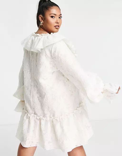 ASOS EDITION Curve smock dress with ruffle collar in organza jacquard in cream | ASOS (Global)