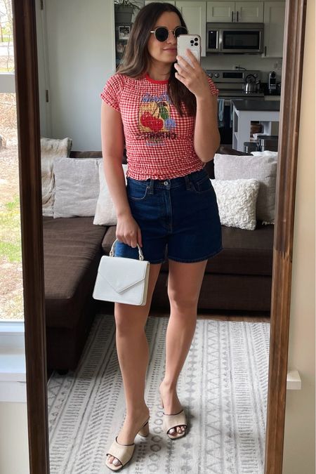 Love this fun gingham top from Urban Outfitters! Wearing size S

Gingham tee, Kimichi blue, baby tee, smocked tee, cherry, Abercrombie denim, Abercrombie shorts, high rise dad shorts, Franco Sarto heels, spring heels, spring outfit, sandal heels, vacation outfit 

#LTKshoecrush #LTKtravel #LTKSeasonal