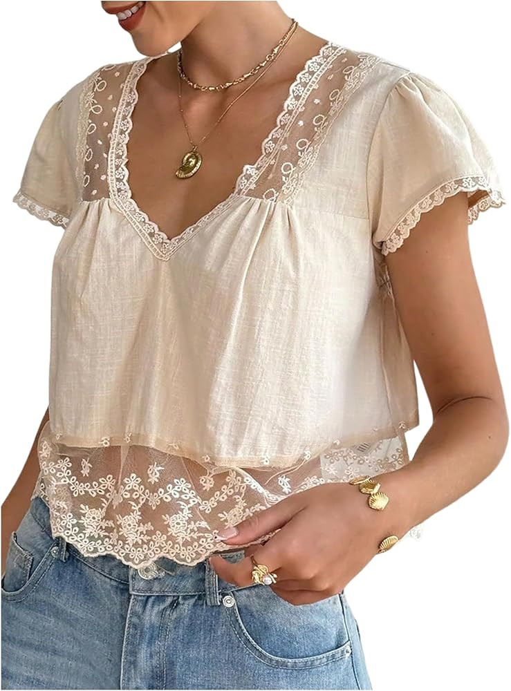 SOLY HUX Women's Summer Lace Babydoll Tops V Neck Cap Sleeve Tie Back Summer Blouse Going Out Cro... | Amazon (US)