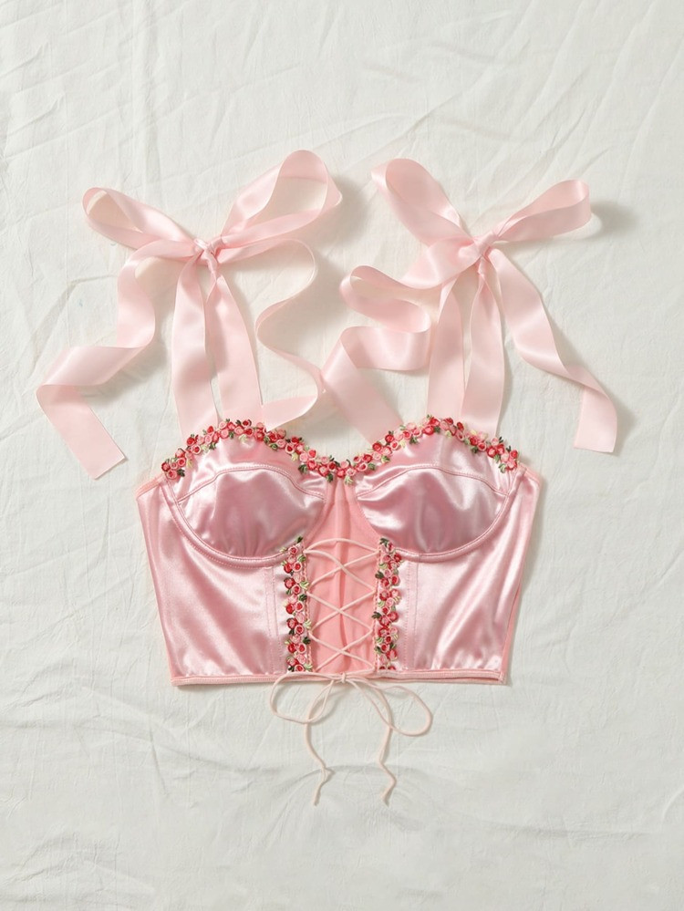 SHEIN ICON Applique Detail Lace Up Front Tie Shoulder Bustier Satin Cami Top | SHEIN