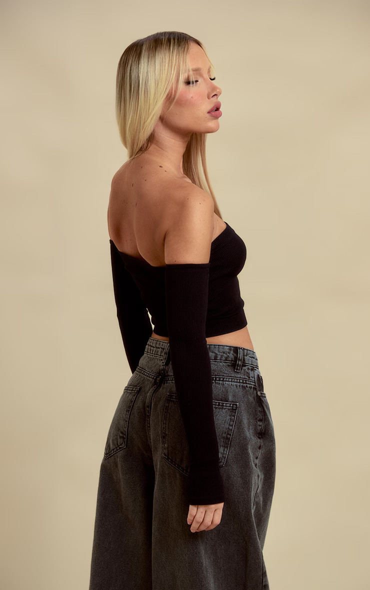 Black Structured Snatched Rib Bardot Crop Top | PrettyLittleThing US