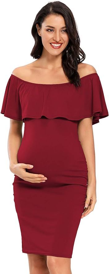 Jezero Women's Maternity Dress Off Shoulder Ruffle Sleeveless Bodycon Dress for Baby Shower | Amazon (US)