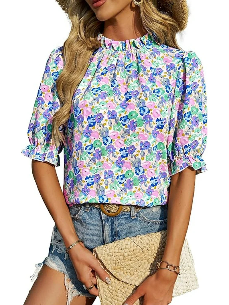 FreshPretty Women's Summer Boho Shirt Top Ruffle Short Sleeve Frill Trim Mock Neck Floral Solid C... | Walmart (US)