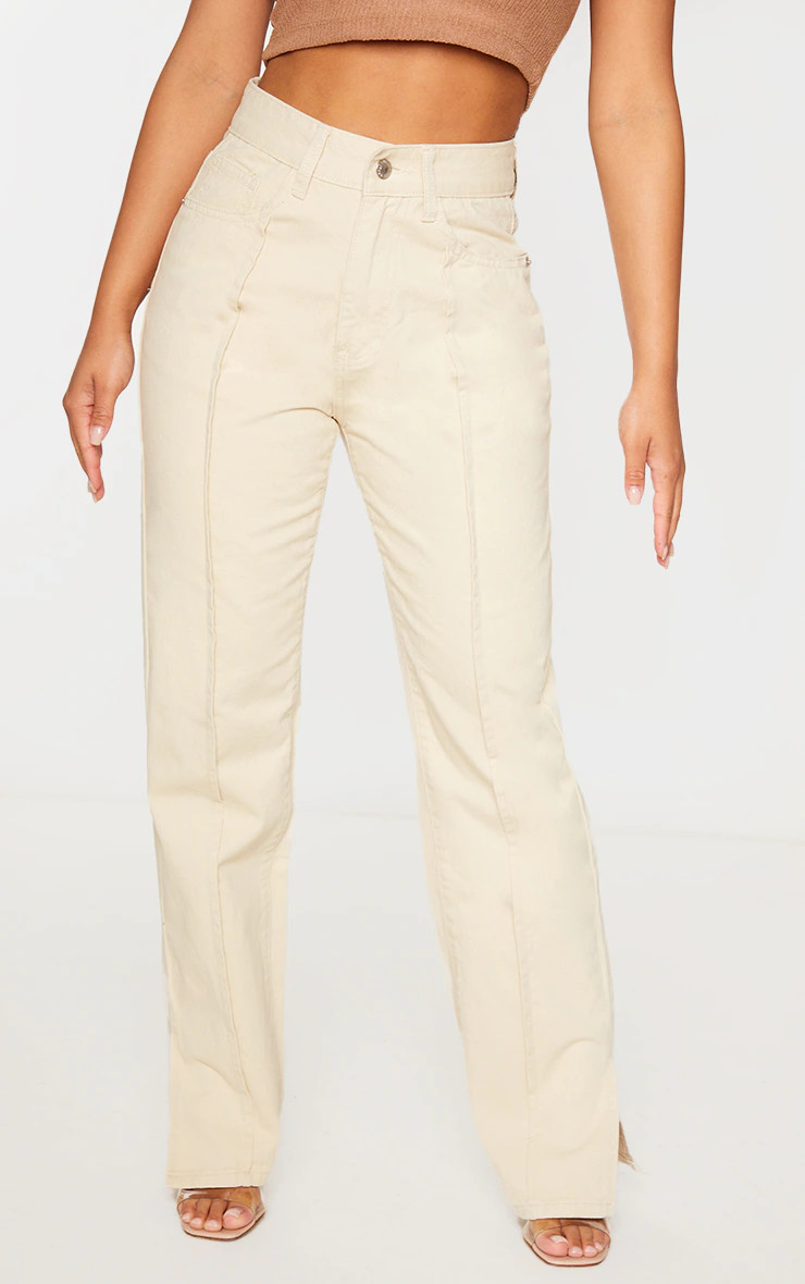 Petite Washed Stone Front Seam Split Hem Denim Jeans | PrettyLittleThing UK