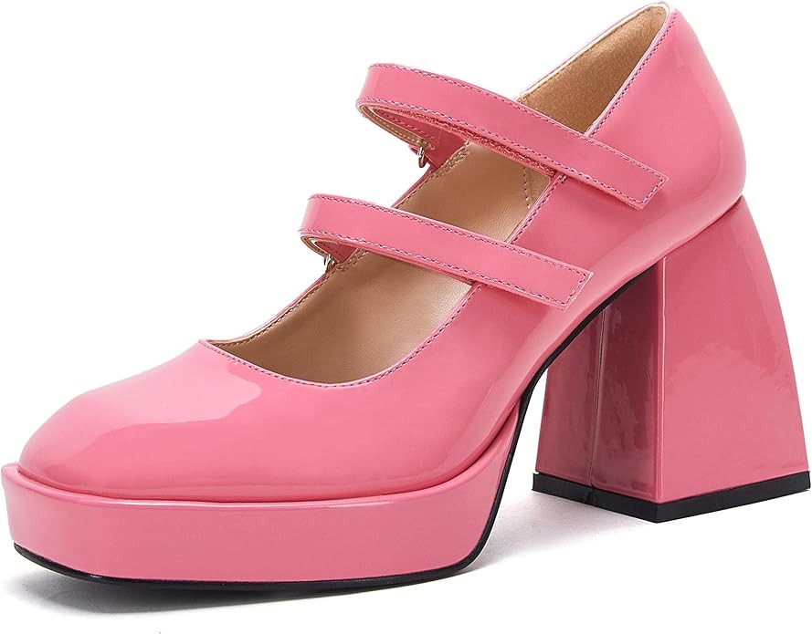 Womens Pumps Platform Chunky Block Heel Close Square Toe Velcro Mary Jane Shoes Classic Patent Dr... | Amazon (UK)